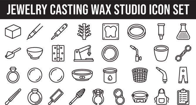 Jewelry Casting Wax Studio Icon Set Featuring Goldsmithing Tools and Equipment for Metal Casting and Jewelry Making
