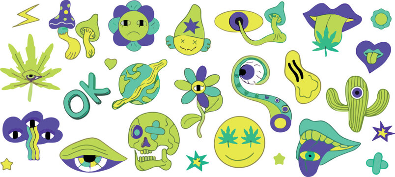 Psychedelic Trippy Acid Vector Elements Set with Acid Green Mushroom Skull All Seeing Eye and Cannabis Leaf Icons for Y2K Streetwear Graphics