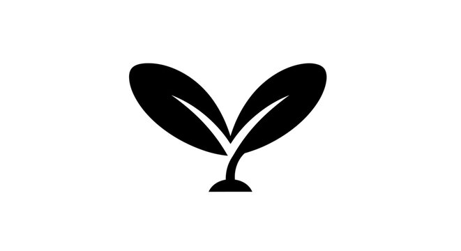 Minimalist Black and White Icon of a Sprout with Two Leaves on White Background