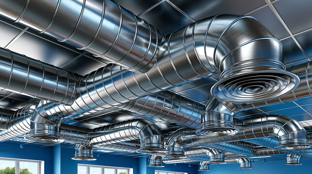 Industrial HVAC ductwork network with galvanized ventilation pipes and air distribution diffusers