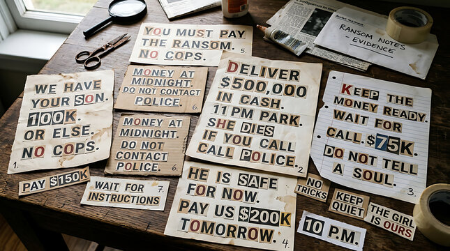 Ransom note letter collection paper cutouts with text on transparent background