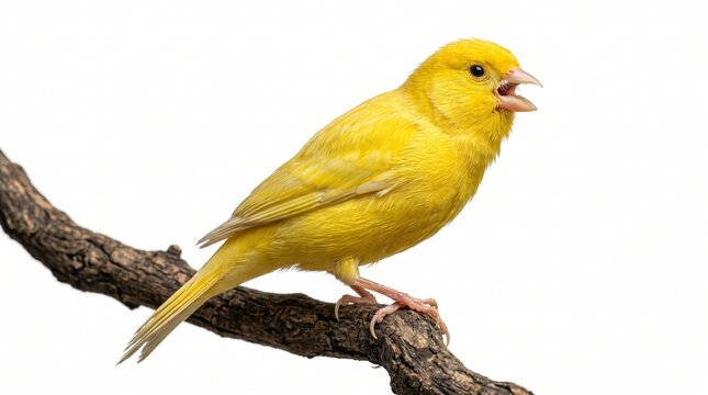 Yellow canary perched on branch singing bird wildlife portrait