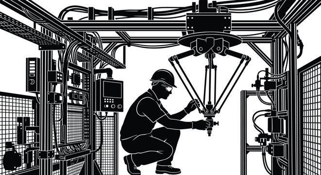 Silhouette of a manufacturing technician guiding a collaborative robot within an advanced industrial machinery cell