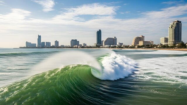 Ocean wave crashes near a coastal city skyline under a clear blue sky during a bright day.