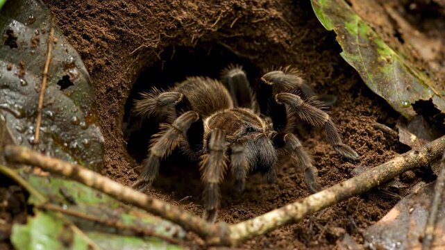 Tarantula emerges from underground burrow in vibrant rainforest. Surroundings filled with green foliage and earthy tones. Concept of wildlife exploration, arachnology, nature studies