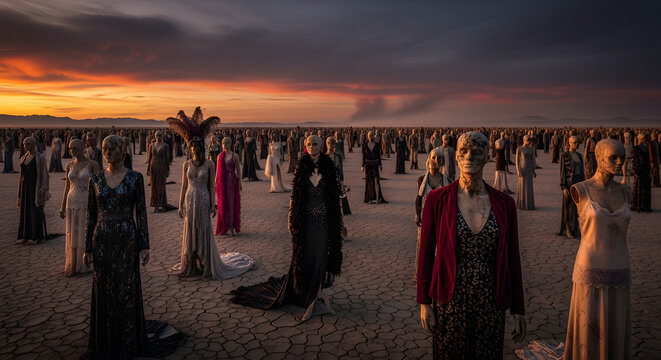 A haunting and surreal landscape filled with an endless assembly of elegantly dressed mannequins standing under a dramatic, vibrant sunset sky, evoking a sense of mystery and contemplation