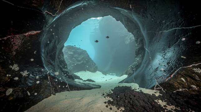Underwater Cave Entrance with Sunlight and Fish