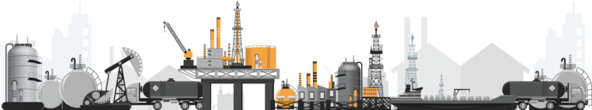 Industrial oil and gas facility with drilling rigs, refinery towers, storage tanks, and transportation vehicles