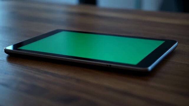 Tablet lies flat on wooden surface with green screen visible. Focused setup ideal for digital presentations and creative projects in business, education, and marketing