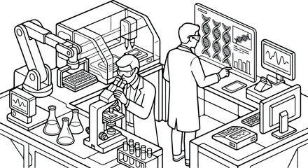 Naklejka premium Isometric laboratory illustration featuring scientists working with robotic arms and DNA research in a high-tech facility, coloring page style