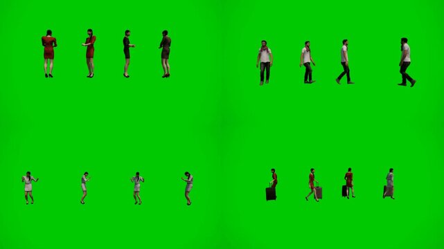 Human activity silhouette collection for green screen compositing with chromakey background and 3d animated cartoon animation style. Character motion footage for editing scenes and transitions.