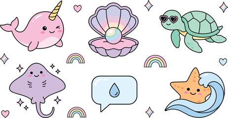 Cute Kawaii Sea Creature Collection with Narwhal, Turtle, Pearl Shell, Stingray, and Ocean Fantasy Cartoon Vector Illustrations © MdNazmul