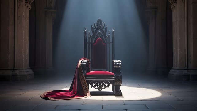 Dramatic throne room, red velvet cloak, empty medieval chair, dark mysterious interior