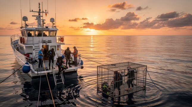 Divers prepare for shark cage dive in ocean at sunset