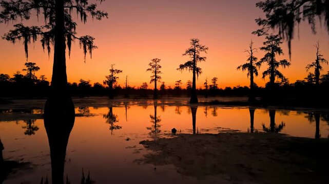 Sunset creating vibrant colors over tranquil swamp with cypress trees reflected in water. Peaceful natural setting at dusk. Concept for nature photography, landscape art, eco-tourism