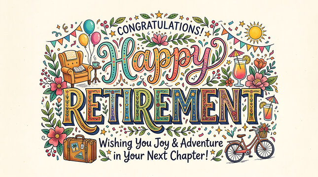 happy retirement lettering with illustrations on transparent background high quality professional detailed