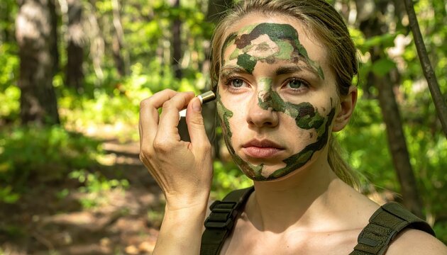Young soldier applying camouflage face paint in a forest setting for tactical preparation