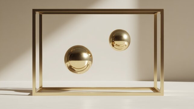 Two highly reflective spherical objects float suspended within a golden geometric frame setup
