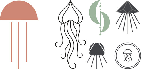 Minimal Jellyfish Icon Collection with Abstract Marine Symbols, Line Art Ocean Elements, and Modern Decorative Vector Design Set © MdNazmul