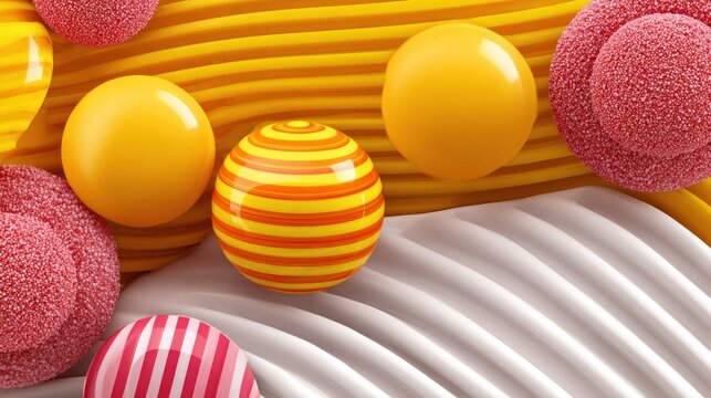 Vibrant arrangement of glossy spheres and textured confectionery objects against colorful pleated surfaces