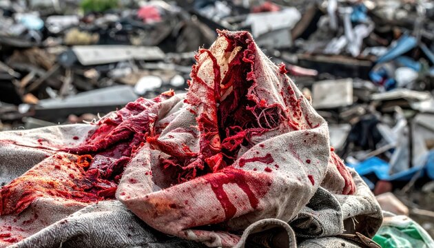 A bloodied and torn piece of fabric lies amongst hazardous debris in a grim, desolate scene