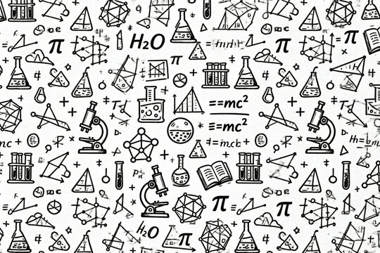 Seamless pattern of hand-drawn science and math symbols with laboratory equipment and formulas