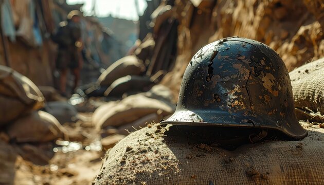 A Battered Metal Military Helmet with a Gaping Hole Perched on Sand and Debris.