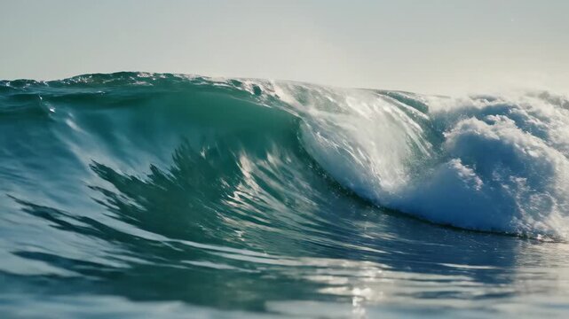 Powerful ocean wave breaking with foamy white water and deep blue hues under a bright sky, capturing the dynamic movement of the sea.