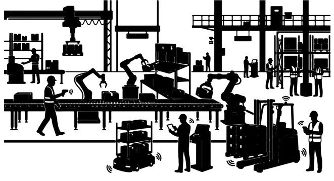 Modern Factory Automation, Robotic Assembly Line, Industrial Manufacturing Process, Logistics and Warehousing, Silhouette Vector Set