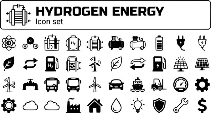 Hydrogen Energy Fuel Cell Icon Set Electrolysis Tank Stack Compress Store Output Green Convert Power Clean Energy Tech Vector Illustration