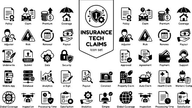 Insurance Tech Claims Icon Set Policy Claim Premium Coverage Adjuster Risk Renewal Payout Underwrite Submit Insurtech Finance Vector Illustration