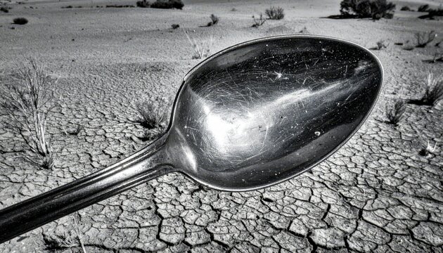 A bent and broken metal spoon resting on cracked dry earth, symbolizing scarcity and hardship