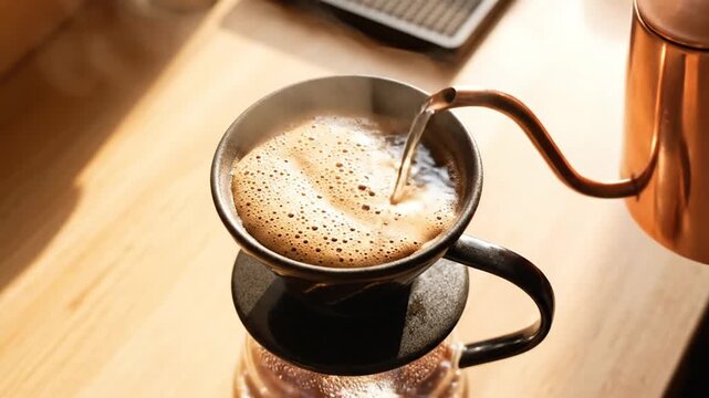 Pouring hot water into coffee dripper for fresh brew in sunny kitchen