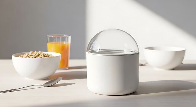 Modern kitchen table with breakfast items and white smart speaker.
