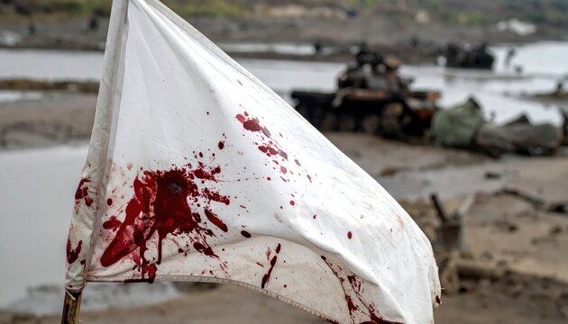 A blood stained white flag lying on the ground in a conflict zone near a military vehicle