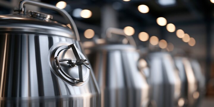 A close-up of shiny stainless steel milk storage tanks, representing industrial efficiency and cleanliness, showcasing modern dairy processing technology and sophistication.