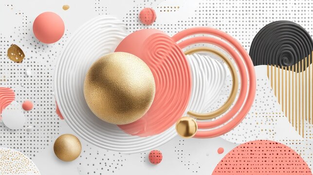 Abstract composition features textured geometric shapes and polished spheres in muted colors