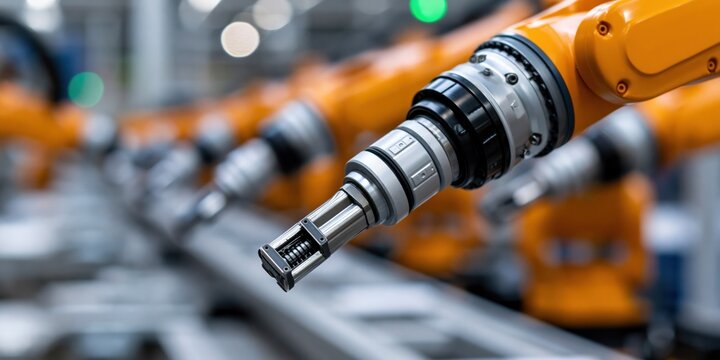 A close-up of a robotic arm holding a tool in an industrial setting, highlighting the precision and technology driving modern manufacturing processes and automation.