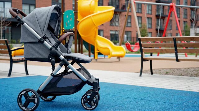 Stroller parked in playground with vibrant slides. Play equipment surrounds stroller on blue floor. Concept of parenting, outdoor play, children's activities
