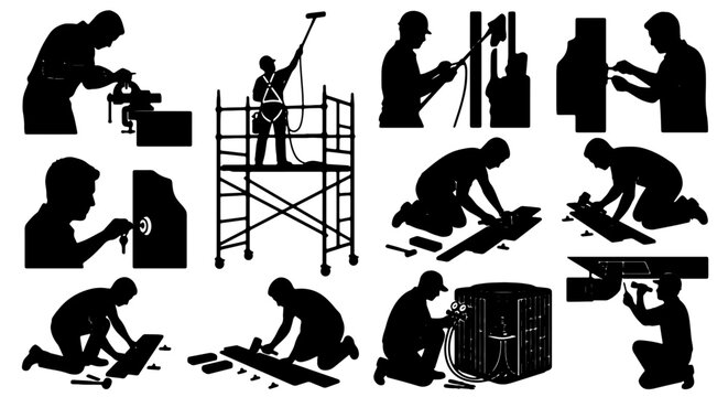 Construction and Repair Silhouettes: 12 Vector Icons for Building, DIY, and Manual Labor, Black and White