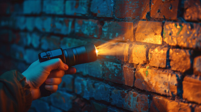 Close up of a hand holding a powerful tactical flashlight shining towards a textured brick wall