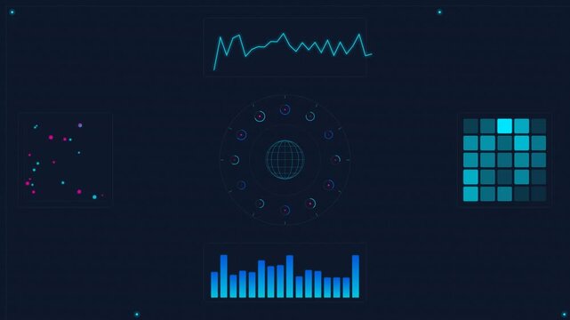 Dynamic motion featuring digital data visualization with fluctuating graphs and pixelated grid effects in a futuristic tech environment.