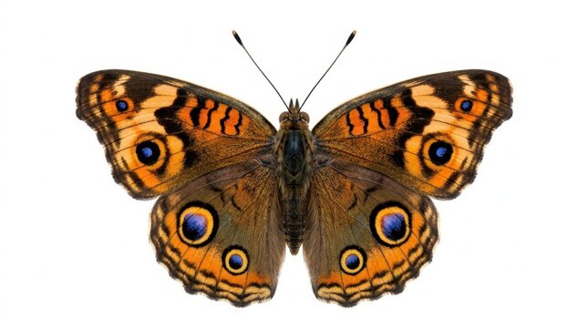 Vibrant Peacock Pansy butterfly (Junonia almana) with striking orange, brown, and blue eyespot patterns, isolated on a pristine white background. Detailed macro shot capturing delicate wing scales...