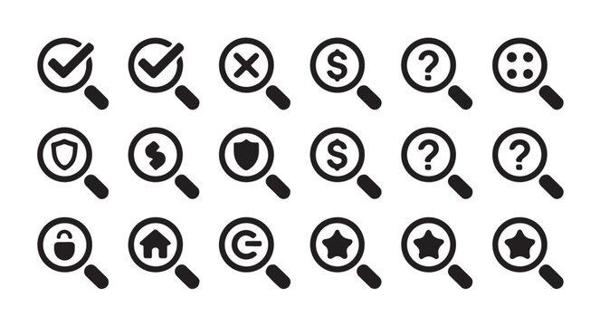 Set of diverse black magnifying glass vector icons for search and zoom interface tasks.