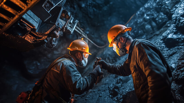 Medium long shot of two industrial miners in hard hats working together inside a dark coal mine