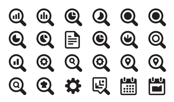 Search engine optimization and data analysis magnifying glass icons with charts and gears.