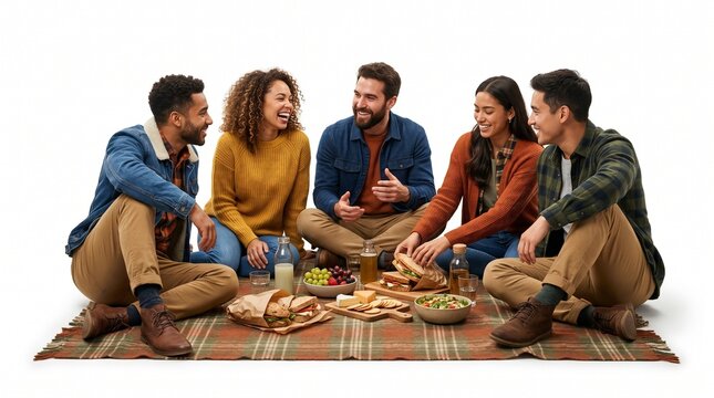 Cousins Picnic Together Isolated on White Background Ultra Realistic Family Lifestyle Scene