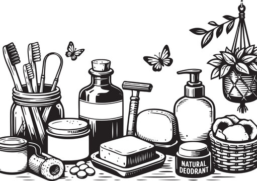 Eco-Friendly Sustainable Health and Zero Waste Lifestyle Illustration with Natural Products