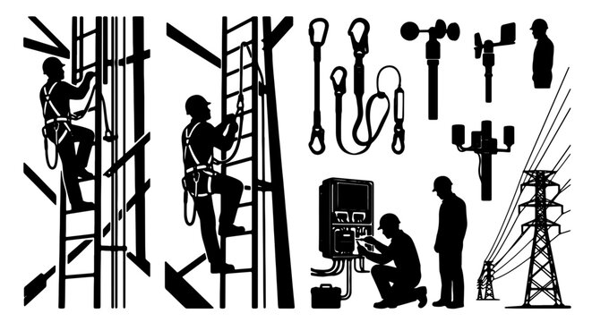 Industrial Safety Gear and Equipment Vector Set: Harnesses, Ladders, Tools, and Electrical Infrastructure Icons for Construction and Engineering