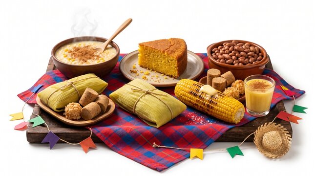 Traditional Festa Junina Food Arrangement Isolated on White Background Ultra Realistic Brazilian Festival Cuisine